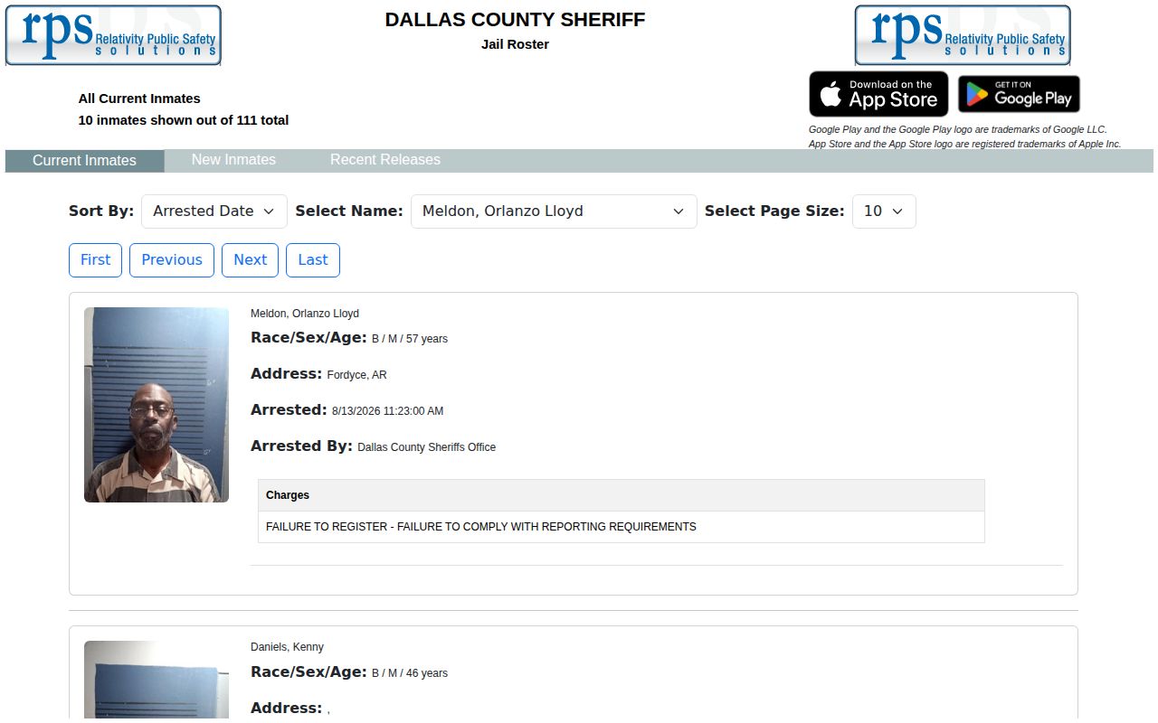 Dallas County current inmate roster record interface